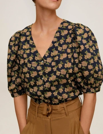Camasa Mango, negru floral, XS