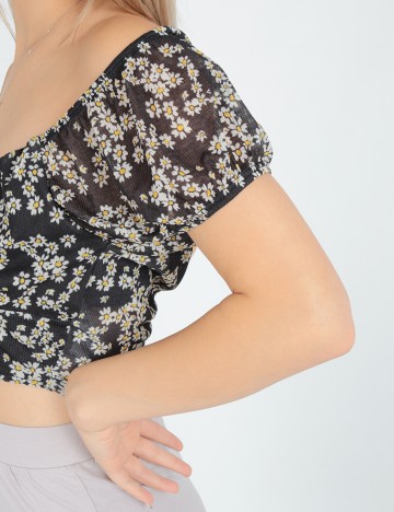 Top Bershka, negru floral, L