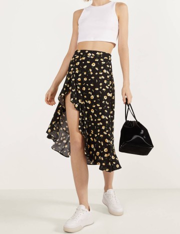 Fusta Bershka, negru floral, L
