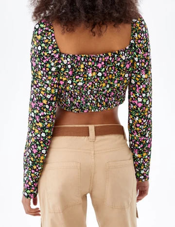 Top Bershka, negru floral, XS