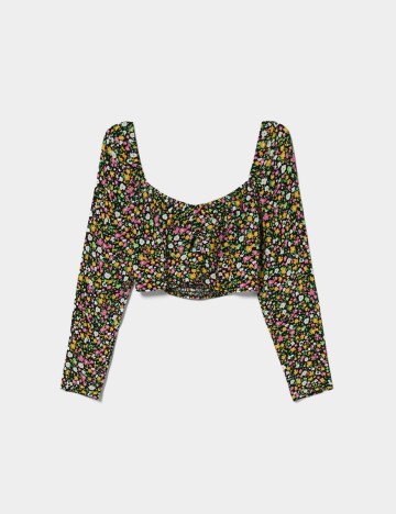 Top Bershka, negru floral, XS