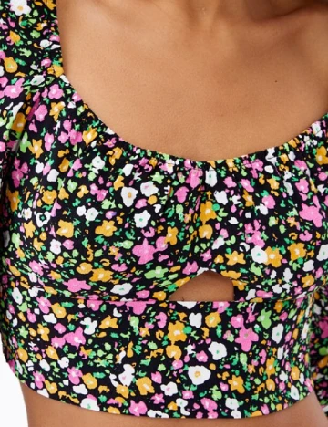 Top Bershka, negru floral, XS