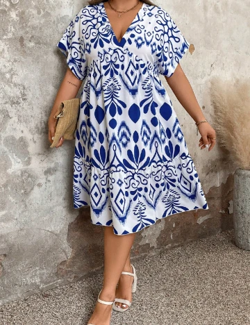 Rochie medie SHEIN CURVE, alb/albastru Albastru