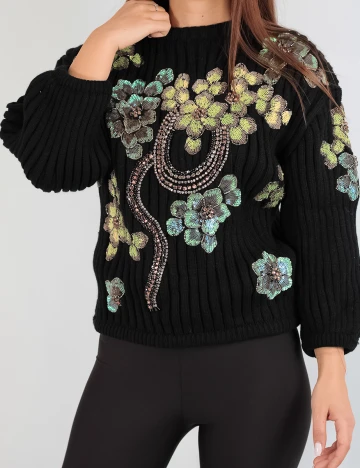 Pulover Zara, negru floral, M Negru