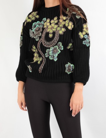 Pulover Zara, negru floral, M
