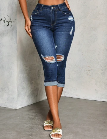 Pantaloni trei sferturi SHEIN, albastru Albastru