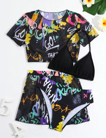 Compleu De Plaja Shein Kids, negru Negru