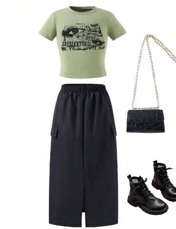 Compleu Shein Kids, negru/verde Negru