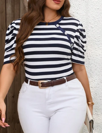 Tricou SHEIN CURVE, albastru/alb