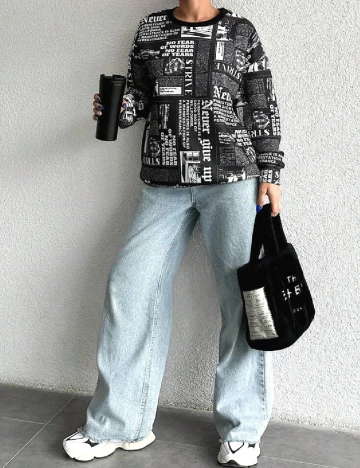 Bluza Oversize SHEIN, negru/alb Negru