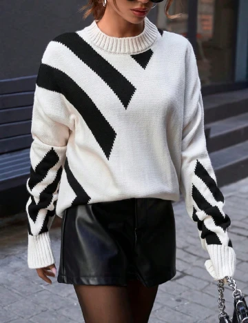 Pulover Oversize SHEIN, alb/negru