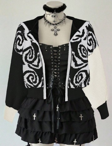 Cardigan SHEIN CURVE, alb/negru