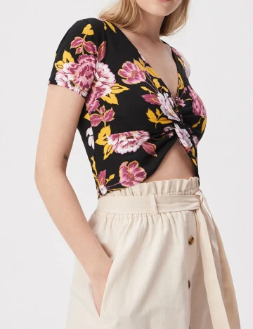 Top Sinsay, negru floral, XS