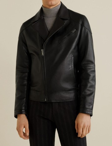 Geaca biker din piele cu rever, negru, XS