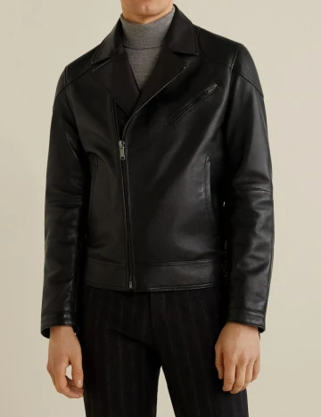 Geaca biker din piele cu rever, negru, XS