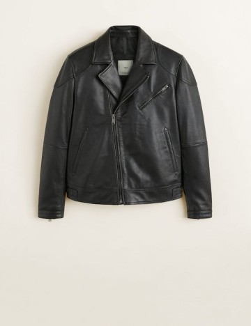 Geaca biker din piele cu rever, negru, XS
