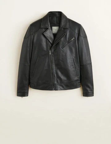 Geaca biker din piele cu rever, negru, XS